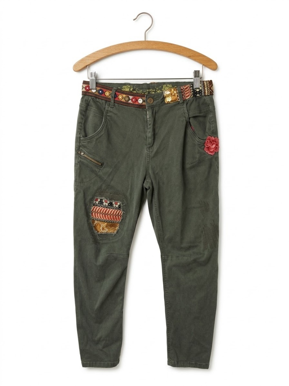 Desigual Olive Green Embroidered Boho Utility Crop Pants Patchwork Size 2/ EU 26